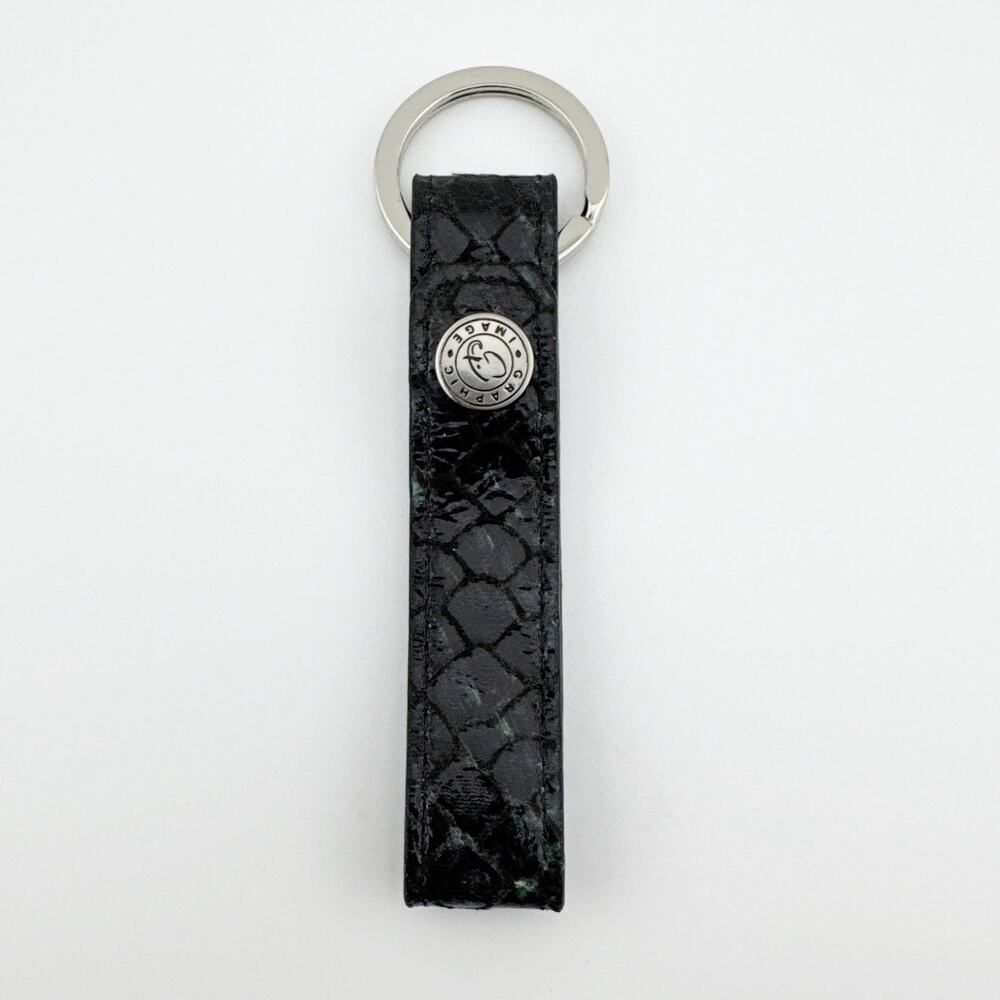 Graphic Image Keychain Strap Black Faux Snakeskin Pattern with Logo Accent